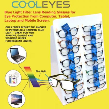 Buy 72 Pairs Cooleyes Anti Blue Light Lens Reading Glasses Mixed strength Package Deal, with Free Display Counter Stand CS16